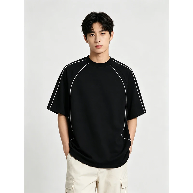 100% Cotton Summer T Shirt American Style Stitch Splicing Deconstructed Short Sleeve Loose Plus Size Unisex Trendy Top