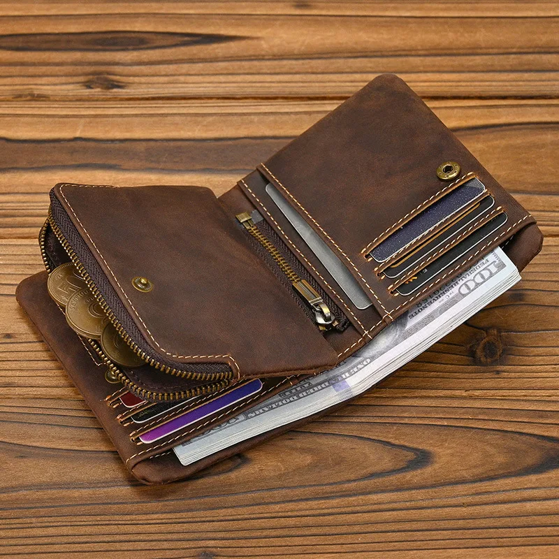 New Vintage Crazy Horse Leather Wallet, Zipper Coin Pocket & Snap Closure, Multi-Card Bifold with RFID Blocking