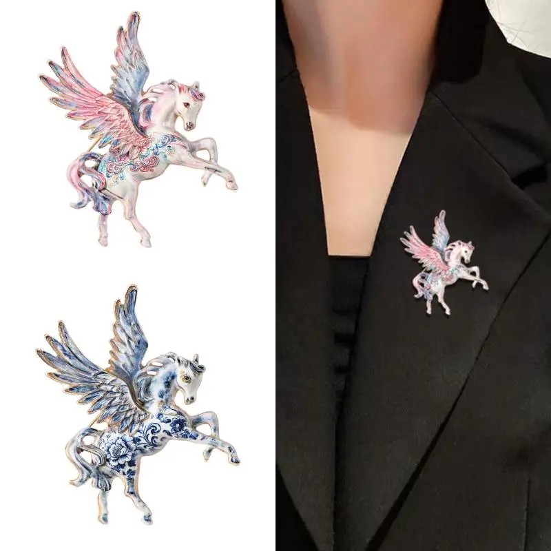 Beautiful Flying Horse Brooches For Women Men Enamel Brooch Pins With Big Wings Elf Pegasus Brooch Pin For Party Office Gifts