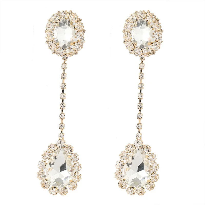 Stonefans Fashion Shiny Rhinestone Long Oval Earrings for Women Luxurious Water Drop Pendant Earrings Claw Chain Jewelry Party