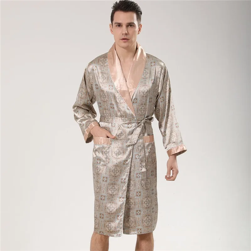 Sleepwear Lrage Size 3XL-5XL Men Kimono Robe Gown Summer Satin Bathrobe Printed Nightwear With Belt Lapel Lounge Wear Nightgown