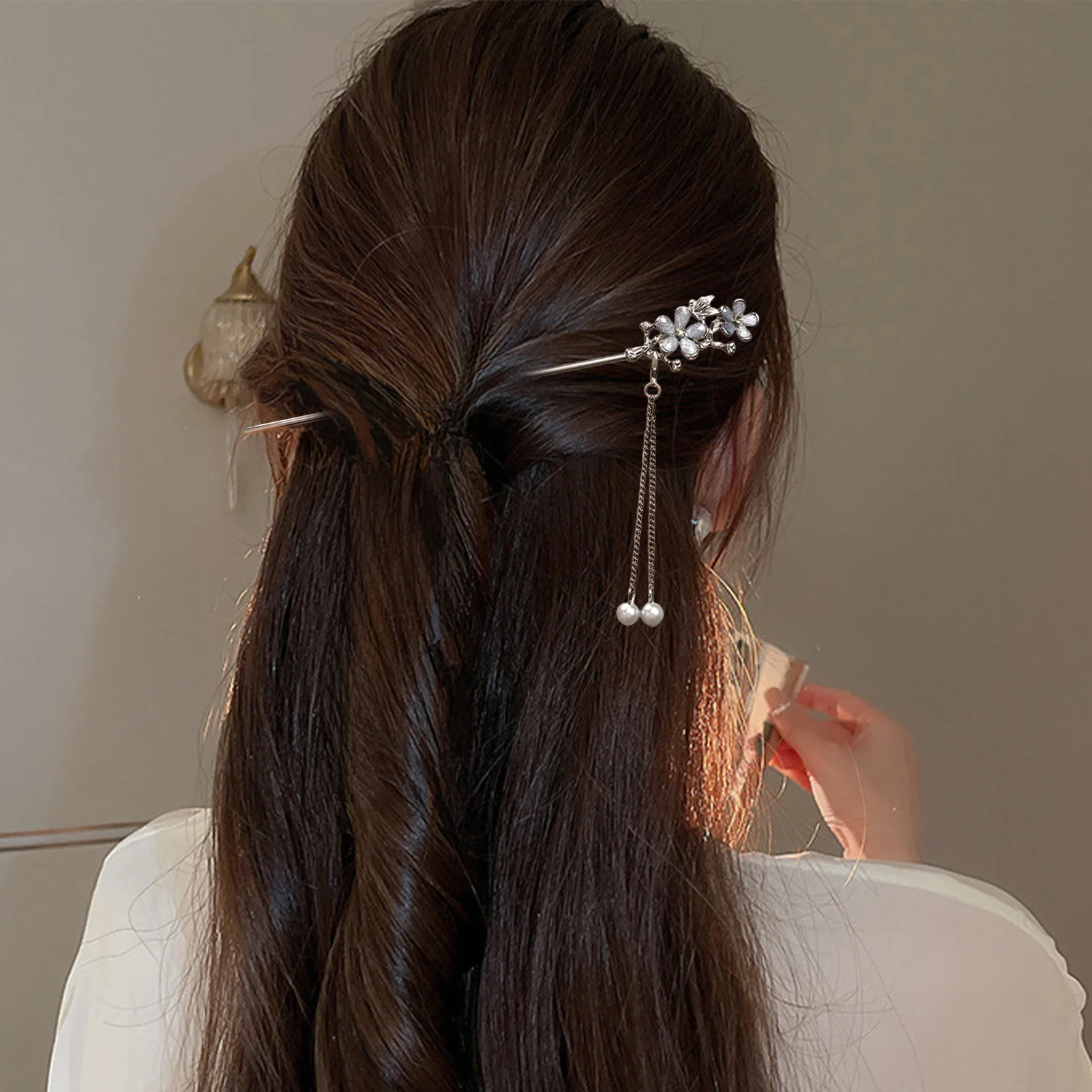 

New Vintage Hairpin Hair Stick Flower Pearl Long Tassel Chinese Retro Trendy Headdress Hair Accessories for Women Jewelry