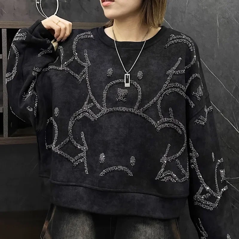 2024 Autumn Winter New European Hoodies Heavy Industry Cartoon Short Sweatshirts Women Loose And Thin Full Diamond Top Sudaderas