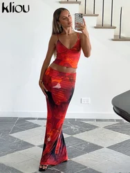 kliou Stunning Panelled Print 2 Piece Set Women Hipster Sexy Low Neck Slim Camisoles+High Waist Maxi Skirts Female Attirewear