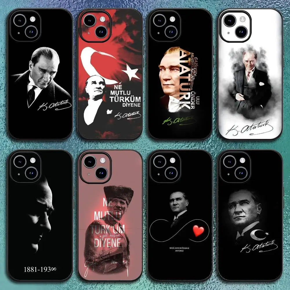 M-Mustafa Kemal A-Ataturk حافظة هاتف مميزة لهاتف آيفون 11 12 13 14 15 16Pro Max Plus غلاف ناعم أسود كلاسيكي