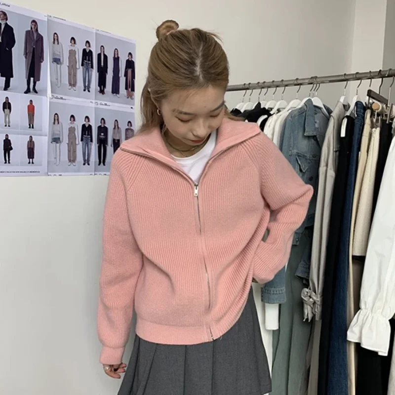 Women Cream Stand Collar Zip Up Knit Cardigan Thick Warm Loose Lapel Sweater Jacket Fall Winter Casual Knitted Outerwear Coat