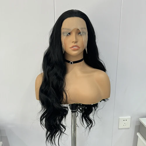 Imagen 2 del producto Peluca negra sintética con malla frontal para mujer, pelo largo, cuerpo ondulado, fibra resistente al calor, encaje frontal, sin pegamento, uso diario, Cosplay