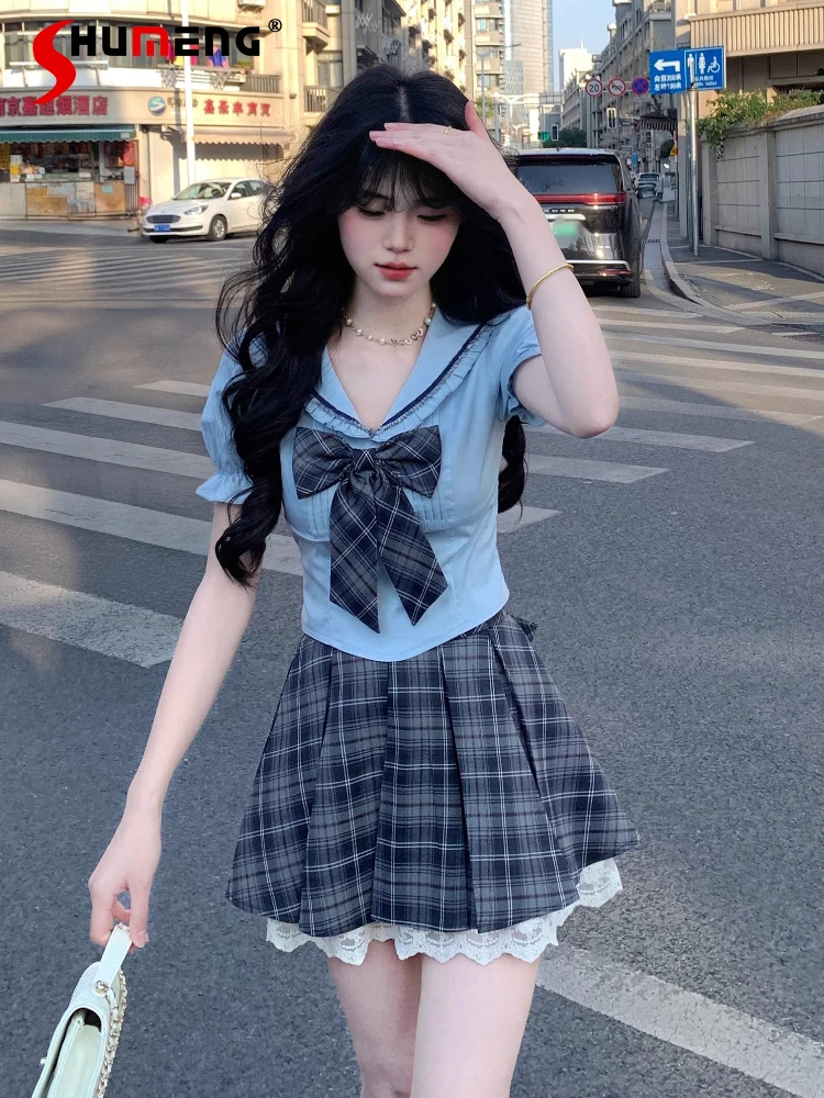 

Sweet Elegant Preppy Ruffles Navy Collar Bow Long-sleeved Short Shirt Top High Waist Plaid Mini Skirt Two-piece Set Women Summer