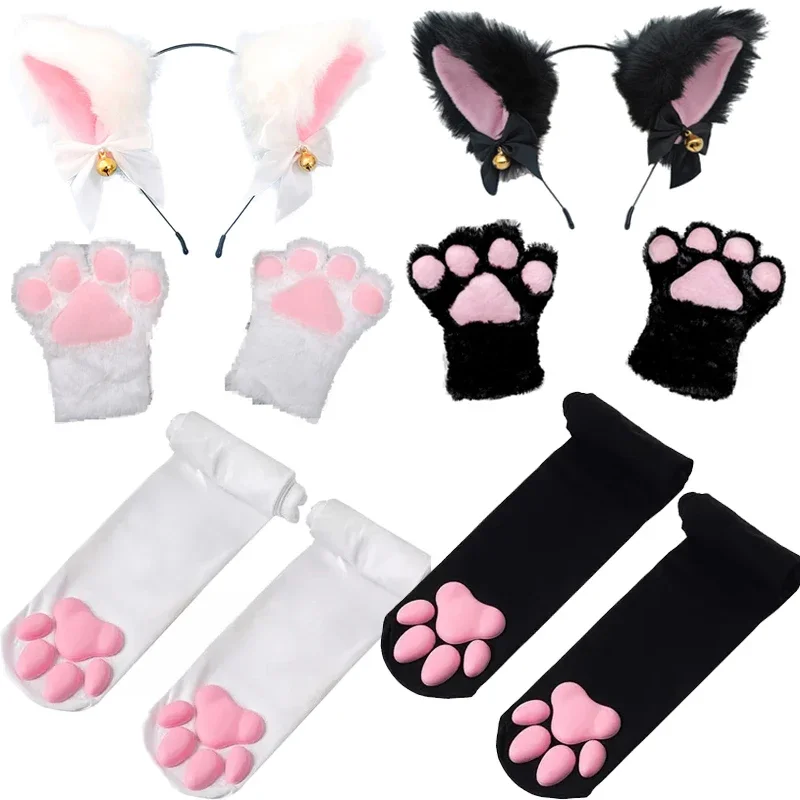 1set Lovely Cat Ear Hairband Claw Gloves Girls Anime Cosplay Costume Plush Cat Fur Ear Stocking Night Party Club Headbands