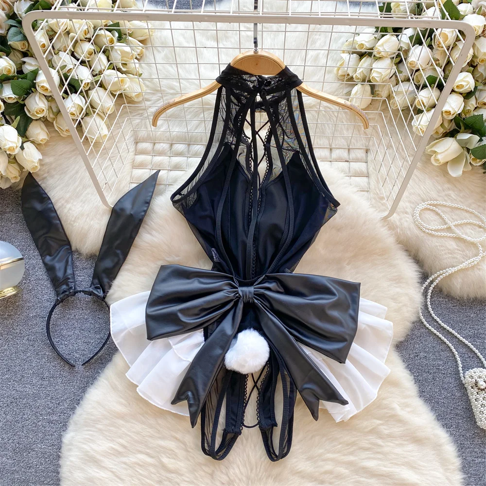 Sexy Sleeveless Halter Neck Leather Patchwork Lace Mesh Skirt Slim Fitting Pajama Jumpsuit Hotsweet Cosplay Bunny Girl  Bodysuit