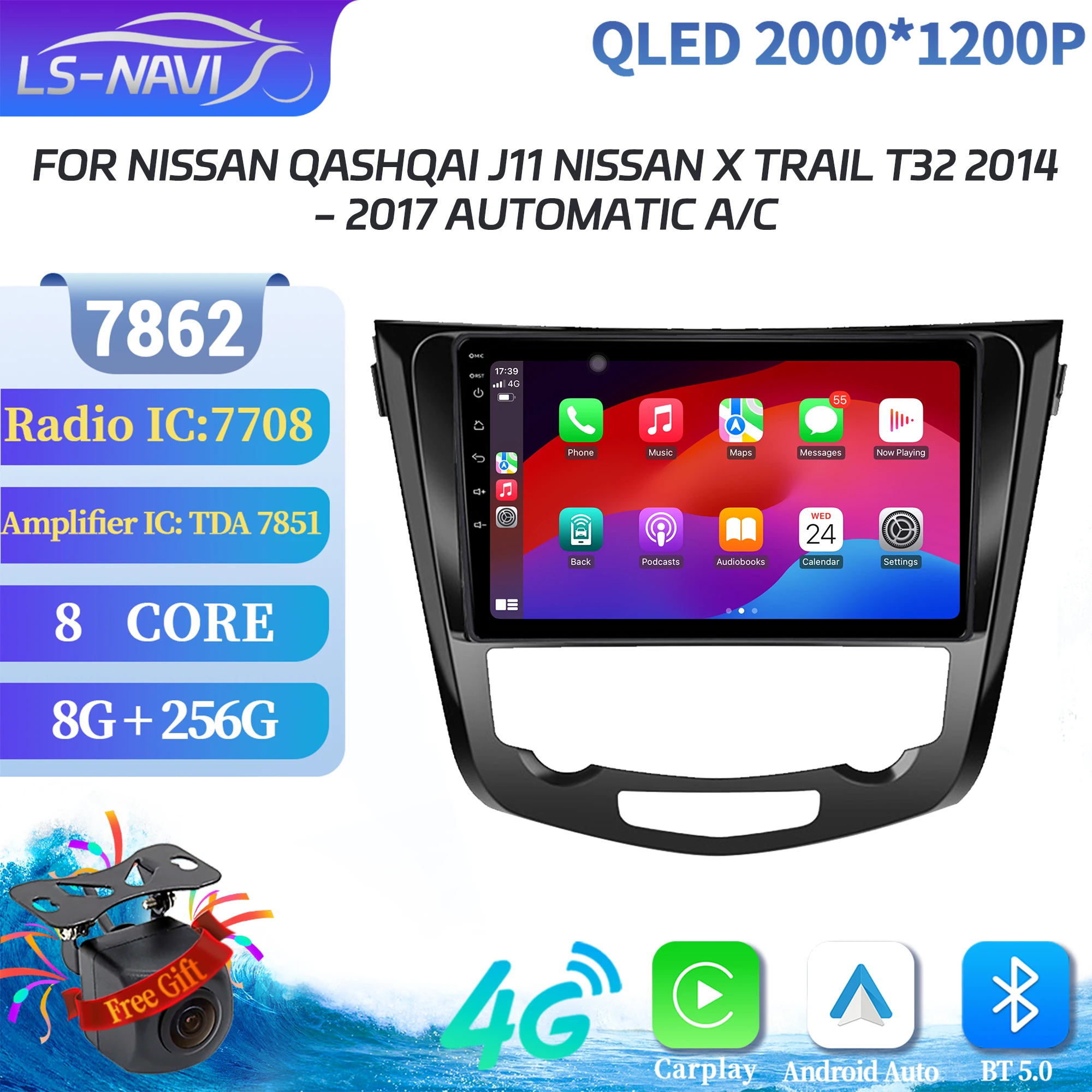 

For Nissan Qashqai J11 Nissan X trail T32 2014 - 2017 AT Car Radio Multimedia Navigation BT CarPlay Android 14 2K QLED Screen