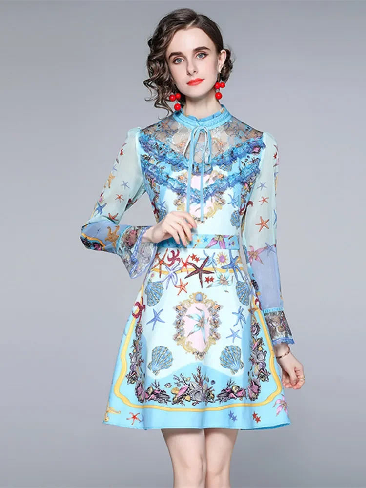 2023 Runway Spring Autumn Blue Mini Dress Women Edible Tree Fungus Long Flare Sleeve Starfish Print Short Party Vestidos