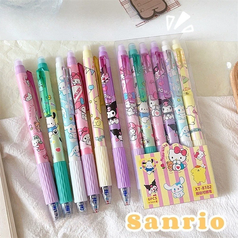 6pcs Erasable Gel Pen Cinnamonroll Kuromi Melody 0.5 Student Writing Quick-drying Cute Stationery Girl Gift Pen