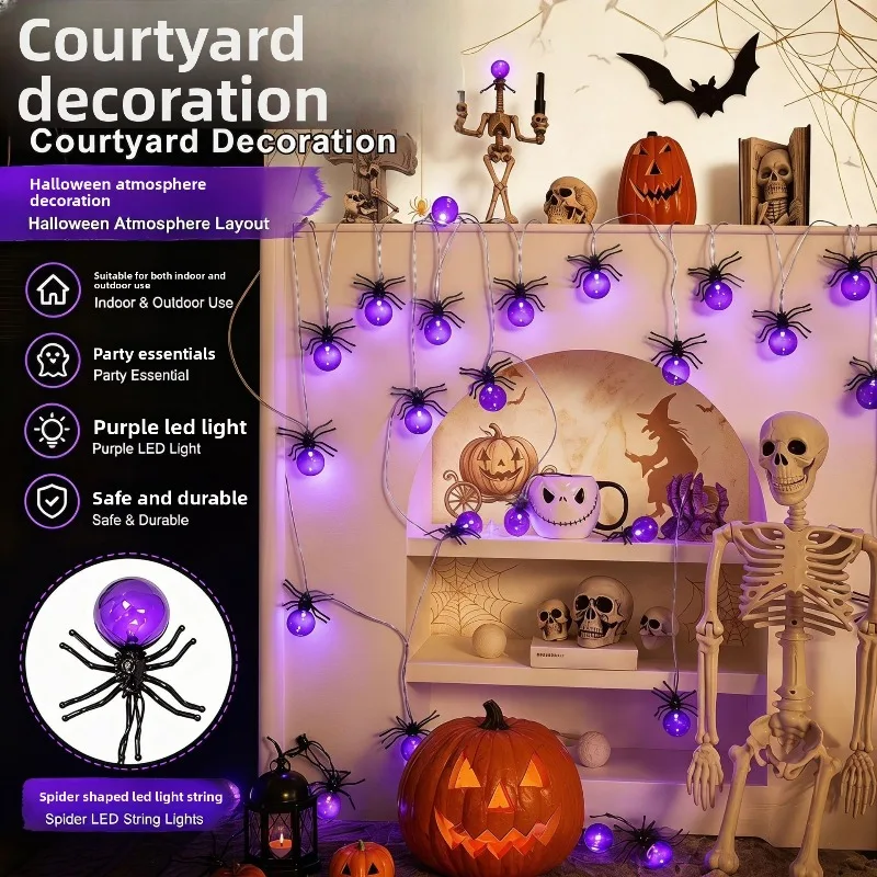 LED Halloween String Lights (Spider, Bat, Ghost) – Battery & USB Powered – Decorative Lights for Courtyards and Parties