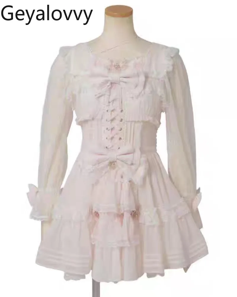 النمط الياباني الإنتاج الضخم جديد الحلو لطيف الفتيات عالية الخصر سليم صالح فستان بكم طويل لوليتا الدانتيل المرقعة القوس فستان قصير #3