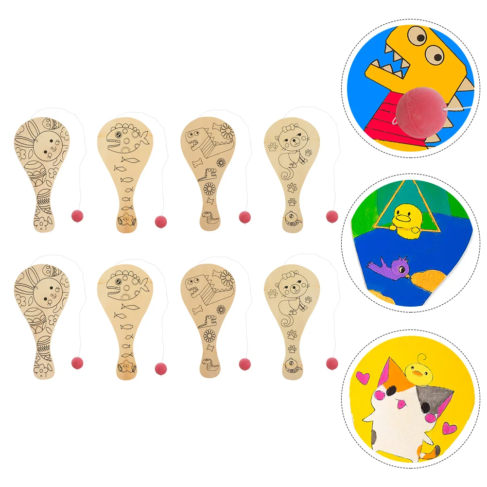 8 Pcs Kids Crafts Graffiti Blank Racket DIY Painting Paddles Wooden Toys Unfinished Draw for Child