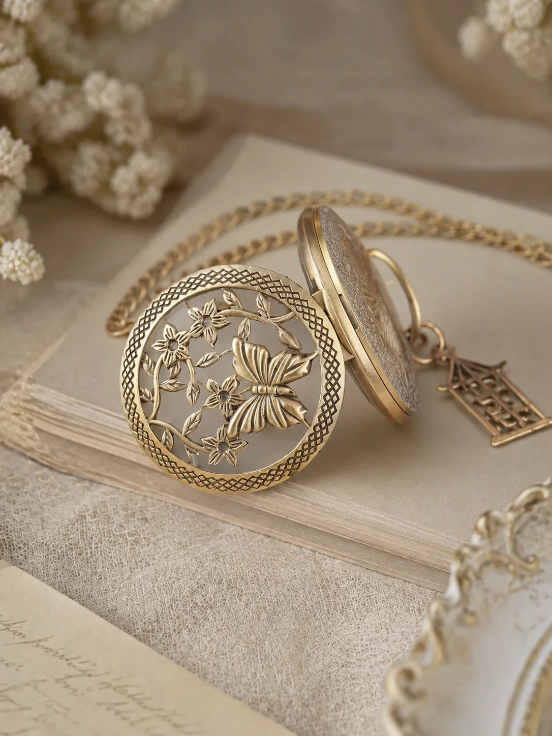Hollow Butterfly Birdcage Pocket Watch Necklace Vintage Bronze Quartz Pocket Watch