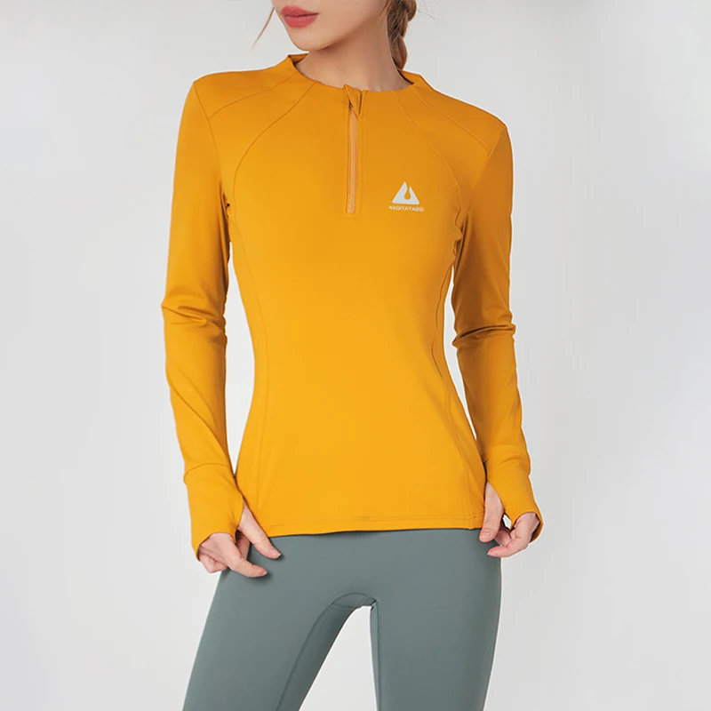 Abrigo deportivo de cuello redondo para mujer, top ajustado de fitness para correr, manga larga, secado rápido, cremallera delgada, ropa de yoga,