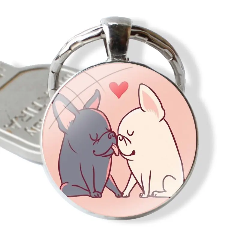 Keychain Handmade Glass Cabochon Key Ring Holder Pendant Key Chains Bulldog Puppies dog