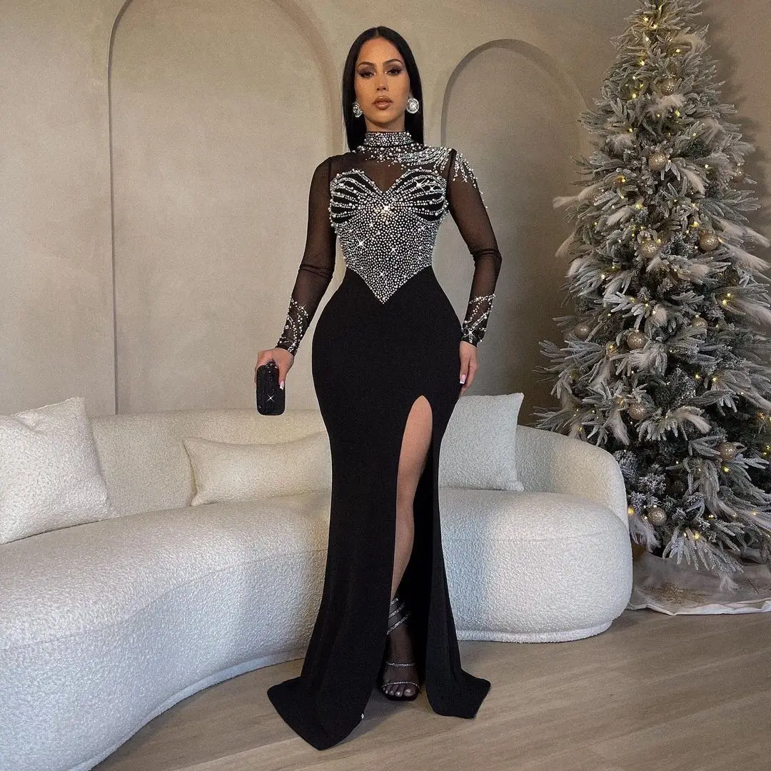 Pearl Sheer Sequin Luxury Party Dress 2025 Split Robe Women Sexy Club One Piece Dress Female Elegant Evening Birthday Vestido