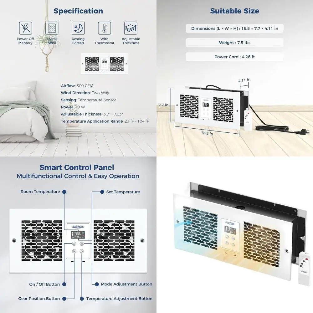 

300cm Room-to-Room Air Transfer Fan with Ventilation, Two-Way Reversible, Dual Temperature Control, and Remote for Quiet Operati