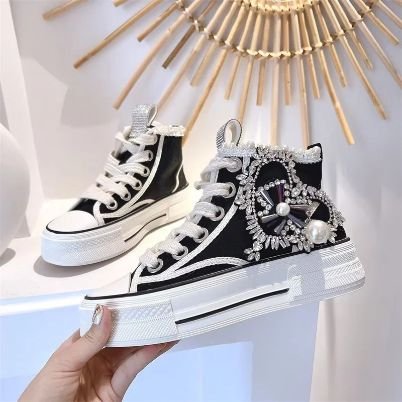 Diamond-encrusted beaded crystal lace-up canvas shoes Handmade custom banquet party high-top sports women's shoes 35-39