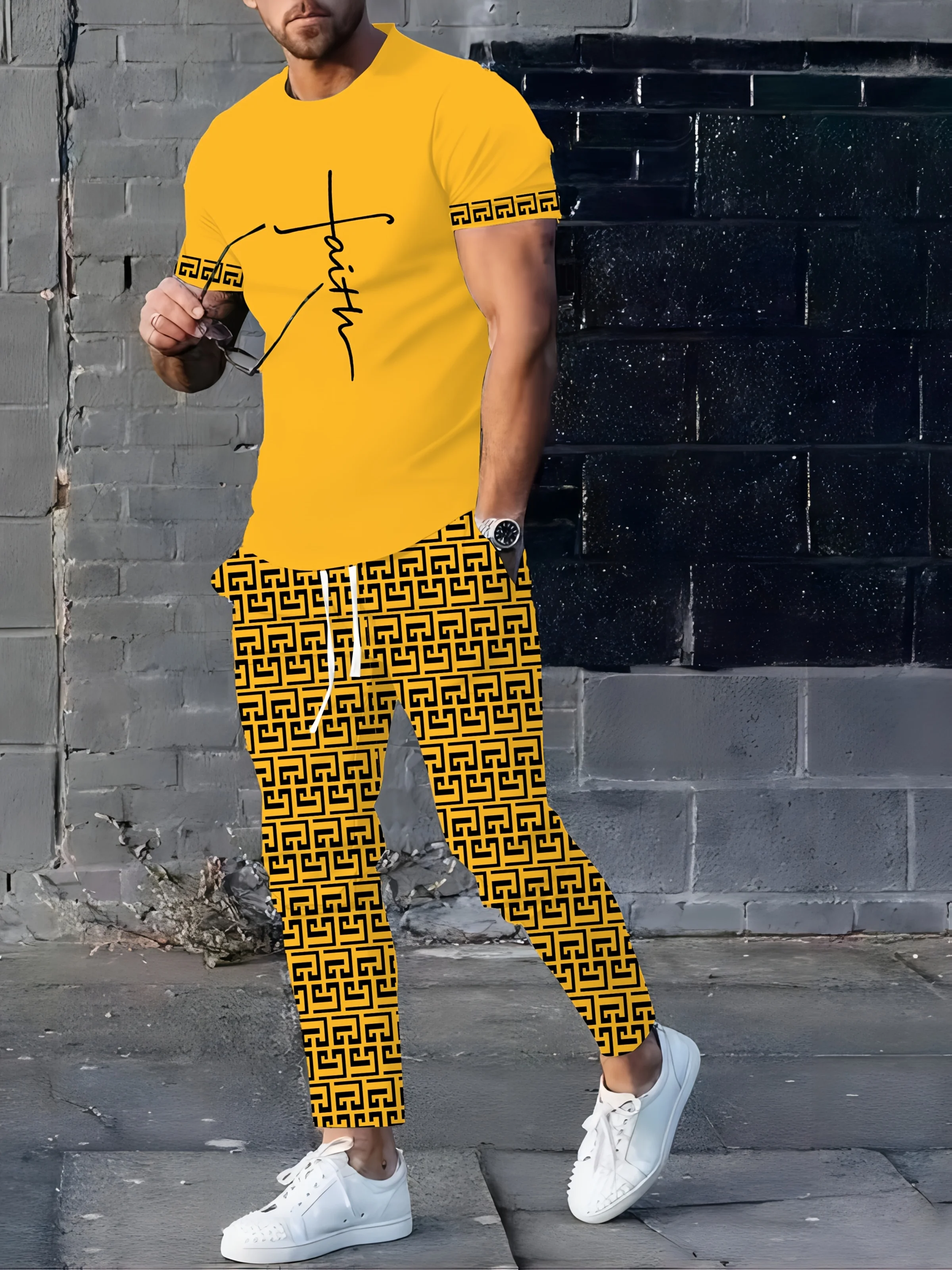 

2026 Summer New Men's Short-Sleeved Long Pants Set with 3D Stripes Print - Street Style Casual Fashionable and Comfortable