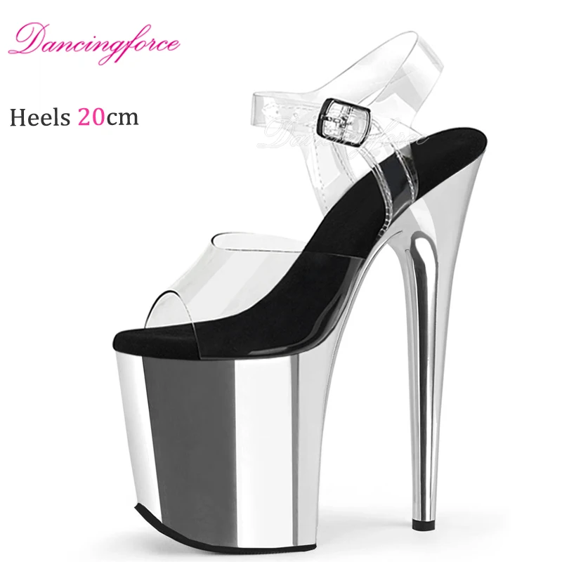20CM/8inches Sexy  Stripper Chrome Platform Steel Pipe Exotic Pole Dance Sandals Fashion Crystal TPU Women's Shoes Summer