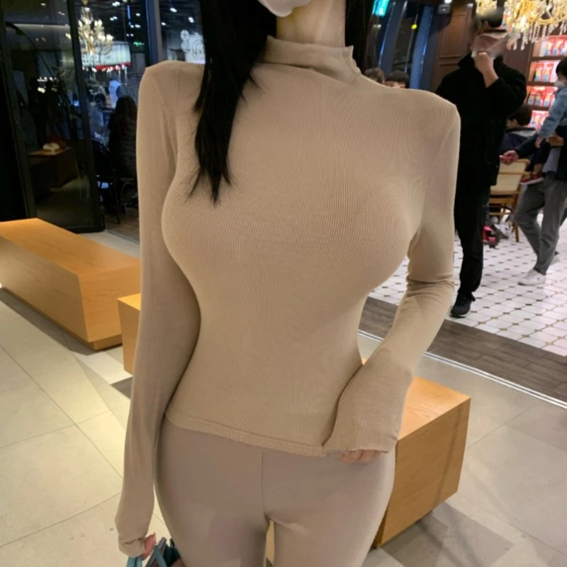 Faionable Bequemes langes Sve-T-Shirt für Damen, Dongda Gate Sle, schlankmachend, hoher Kragen, Basis, irt, koreanisches Pendler-Sle-Co...