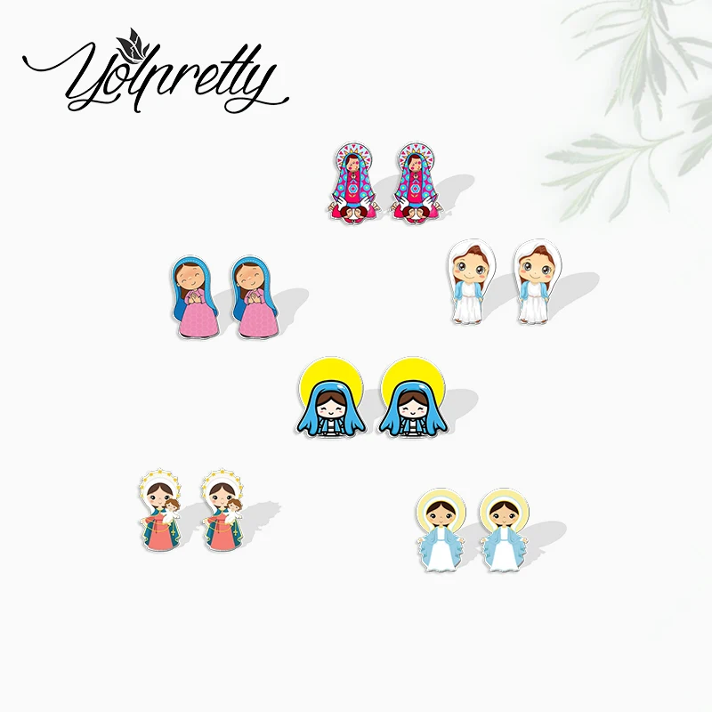 2023 New Arrival Fashion Holy Cartoon Virgen María Mary Virgin Epoxy Stud Earrings Handcraft Acrylic Resin Earrings