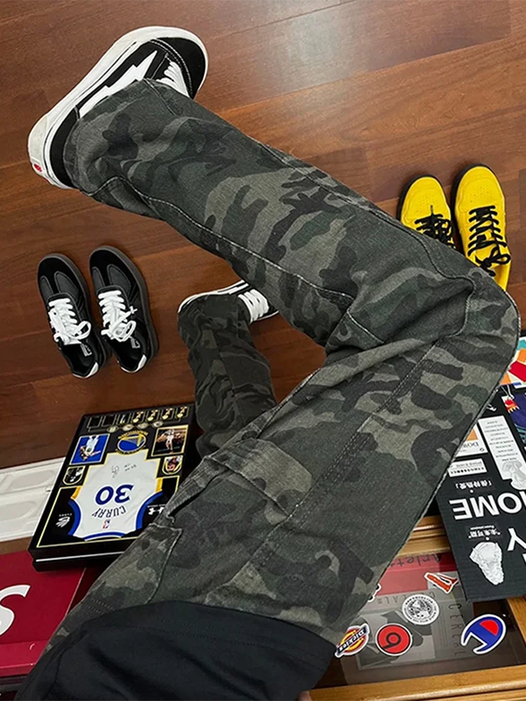 

Мужские джинсы в американском ретро-стиле с камуфляжным принтом, дизайнерские брюки-карго в уличном стиле, зауженные прямые брюки с легким расклешением