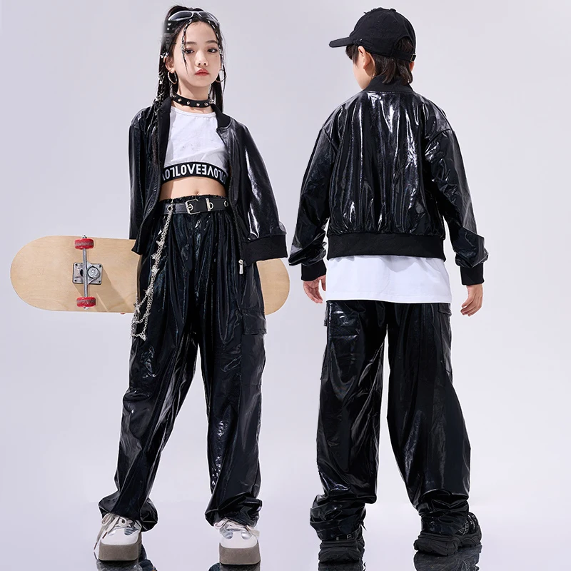 Moderne Hip-Hop-Tanz kostüm Kinder Jungen Street Dance Outfits schwarze Ledermantel hose Mädchen Mode Konzert Bühnen kleidung bl13725