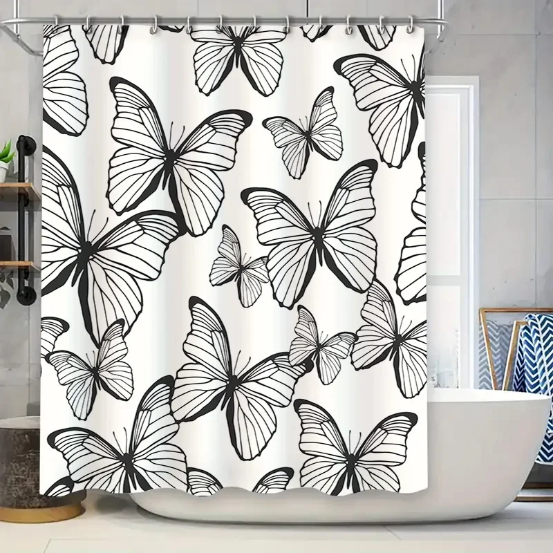 

Черно-белый комплект водонепроницаемых занавесок для душа с принтом бабочки для декора ванной комнаты, домашний текстиль