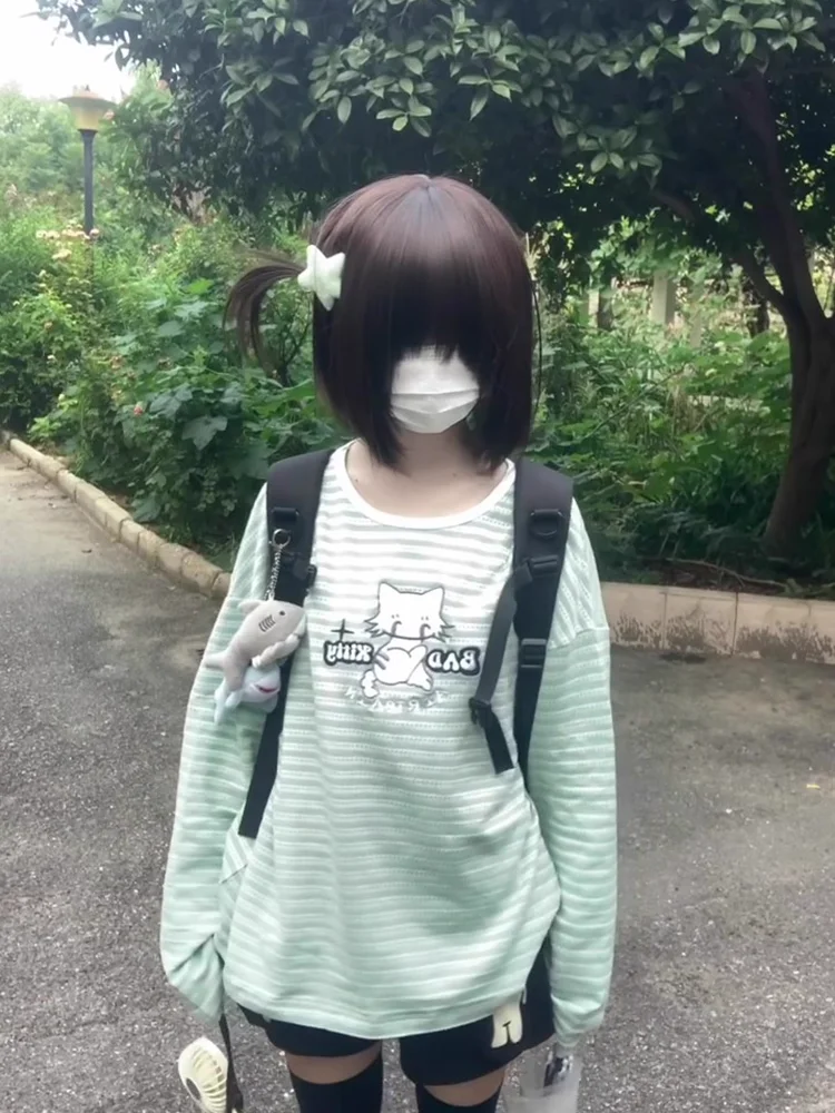 المرأة اليابانية الحلو القط التطريز شريط تي شيرت الخريف عادية فضفاض كم طويل بلايز Y2K Harajuku Kawaii موضة تيز جديد #6