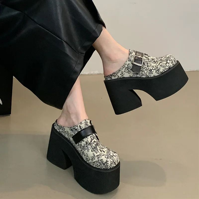 Large Size Women\'s Slippers Roman Style New Platform Wedges Chunky High Heeled Round Toe Gothic Luxury Mules Sandals 2024 Black