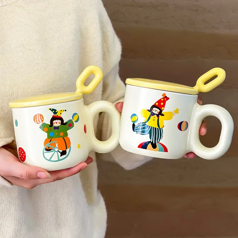 Cartoon mug ceramic cup for girls 2023 new water cup with lid, gift milk fufu coffee cup