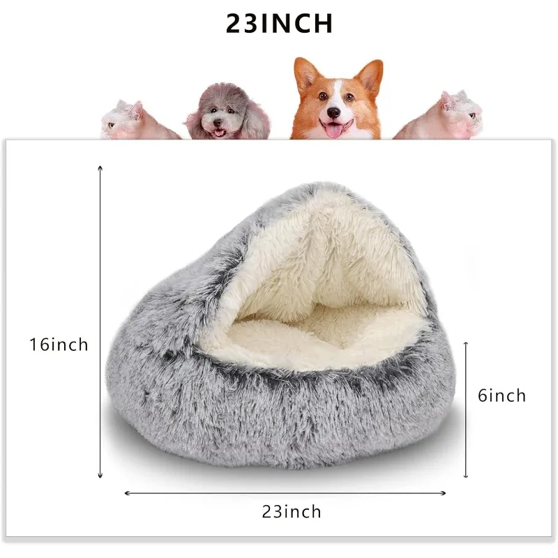 Cat Bed Round Plush Fluffy Hooded Cat Bed Cave,Soothing Pet Beds Doughnut Calm Anti-nxiety Dog Bed - Waterproof