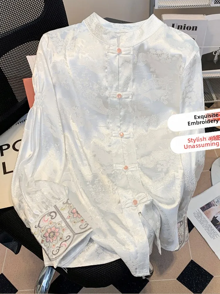 Ele Embroidered White irt for Women Spring Autumn Sle Chinese New School Button up Long Sve Loose Fit Busin Casual