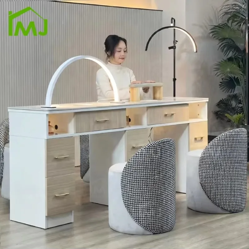 2026  Salon Drawers Wood Manicure Station Dust Collector Double Nail Table