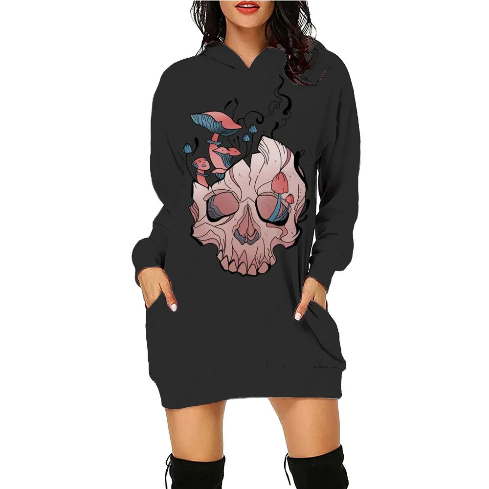 Halloween Colorflu Skull Printed Hoodie Dress Women's Daily Workout Hoodies Long Sleeve Pullover Autumn Winter Loose Tee Vestido