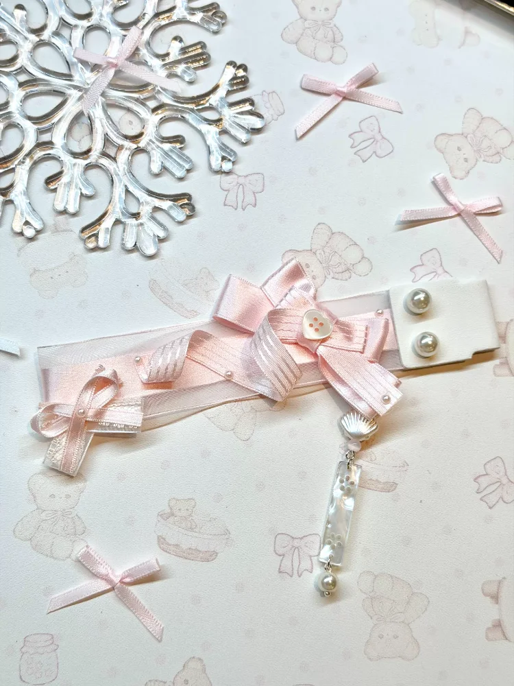 Pink Double‑layer Bow Keyboard Ribbon Shell Pearl Pendant Mechanical Keyboard Decorative Girly Cute Japanese Style Accessory