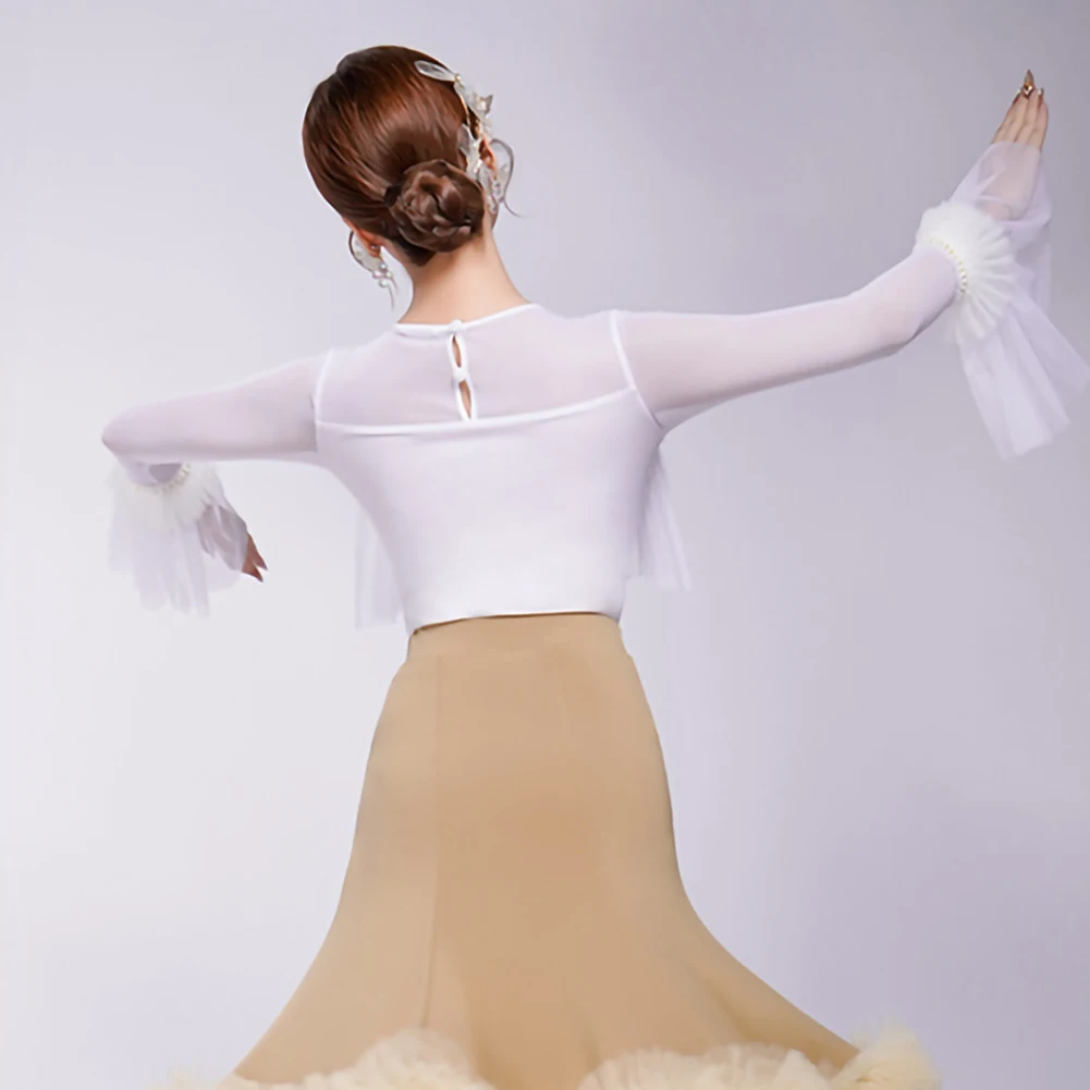 2025 Rose Powder Latin Dance Jumpsuit White Cloud Yarn Dance Practice Long Sleeve Ball Top Round Neck Clothing Women's