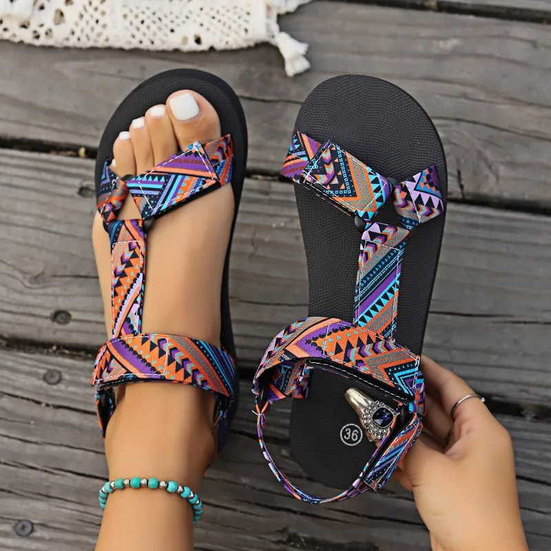Sandálias femininas elegantes com padrão paisley – alça de tornozelo ajustável de secagem rápida – sapatos perfeitos para férias na praia para escapões de verão