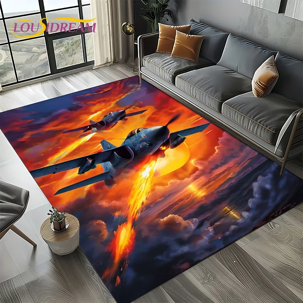 Cartoon 3D Space Spitfire Aircraft  Air Force Jet Fighter Carpet Rug for Living Room Bedroom Sofa Decoration,Non-slip Floor Mat