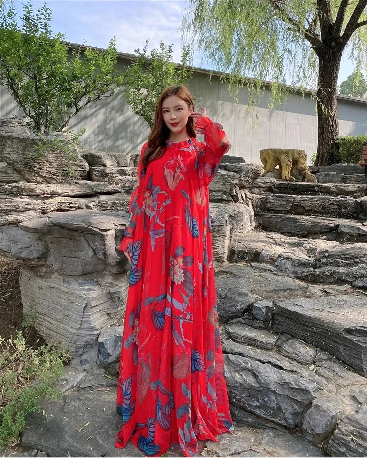 الصيف عطلة الشاطئ السفر فستان ماكسي البوهيمي الأمومة صورة تبادل لاطلاق النار ألابية موضة مسلم فضفاض الشيفون فستان طويل شاطئ البحر #3