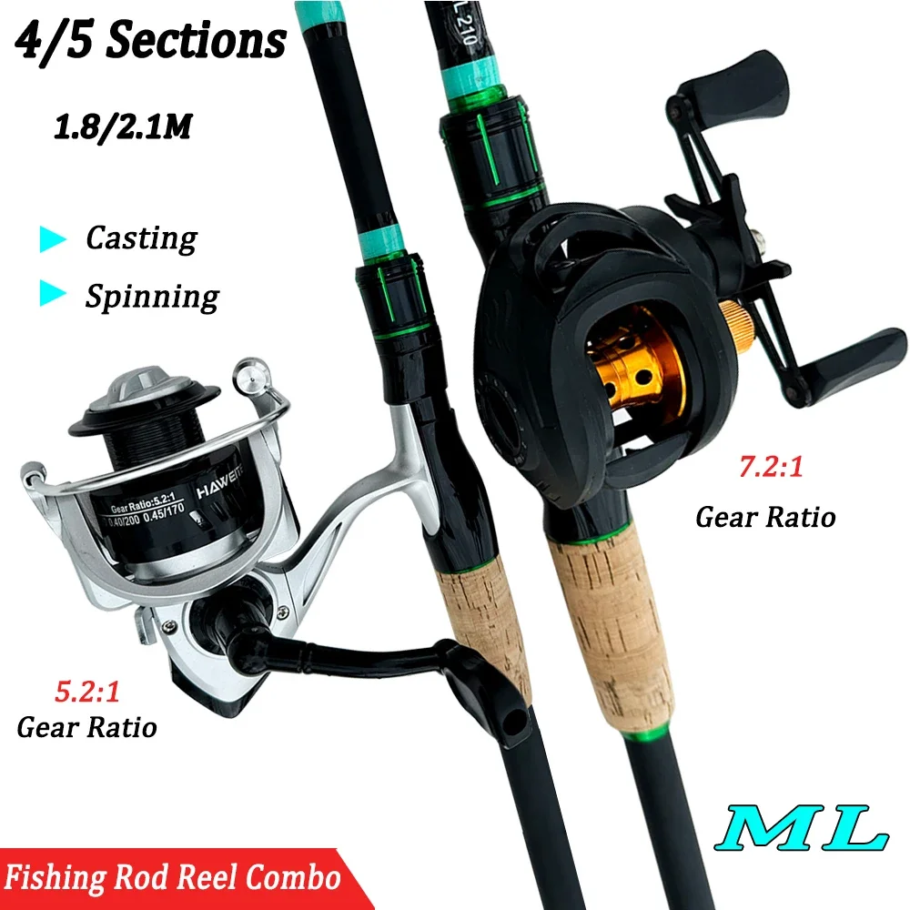 

4/5Section Fishing Rod Reel Kit 1.8/2.1m Carbon Fiber Casting Rod7.2:1/5.2:1 Gear Ratio Baitcasting Reel Max Drag 8kg For Bass