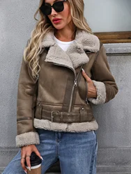 Fitaylor Autumn Winter Women Faux Suede Lamb Jacket Casual Lady Thick Warm Motorcycle Leather Outwear