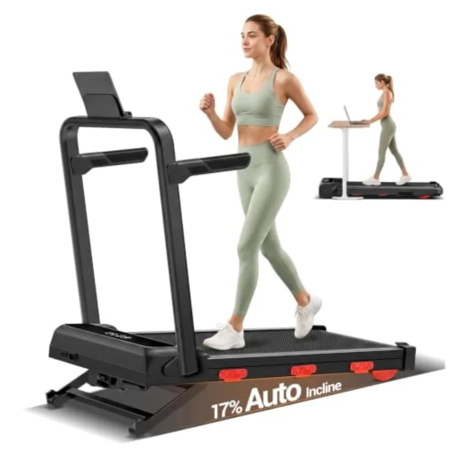 Auto Incline Walking Pad Treadmill for home use, ABS plastic, black, 17 incline with 12-level adjustment and 43 high armrests