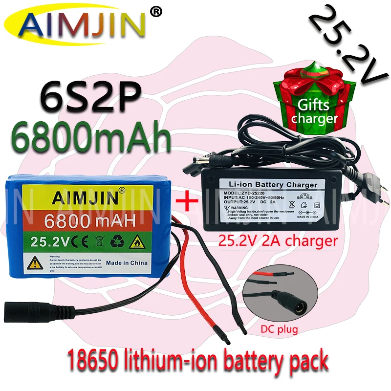 25.2V 24V 6S2P 68000mAh 18650 Lithium Battery Pack 24V with BMS for Electric Bicycle Moped  + 2A charger