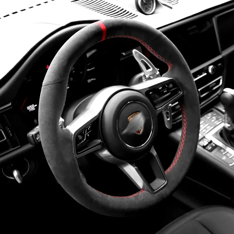 Real Black Alcantara For Porsche Cayenne Panamera Macan 718 911 DIY Hand Sewn Steering Wheel Cover Interior Handle Cover